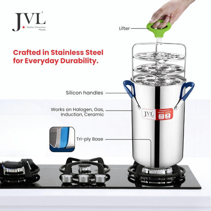 JVL Stainless Steel Triply Base Thatte Idly Maker (5 Mini Idly plates) 1 Steamer Vessel, 5 Mini Idly Plates, 1 Stand, 1 Lifter and 1 Spatula