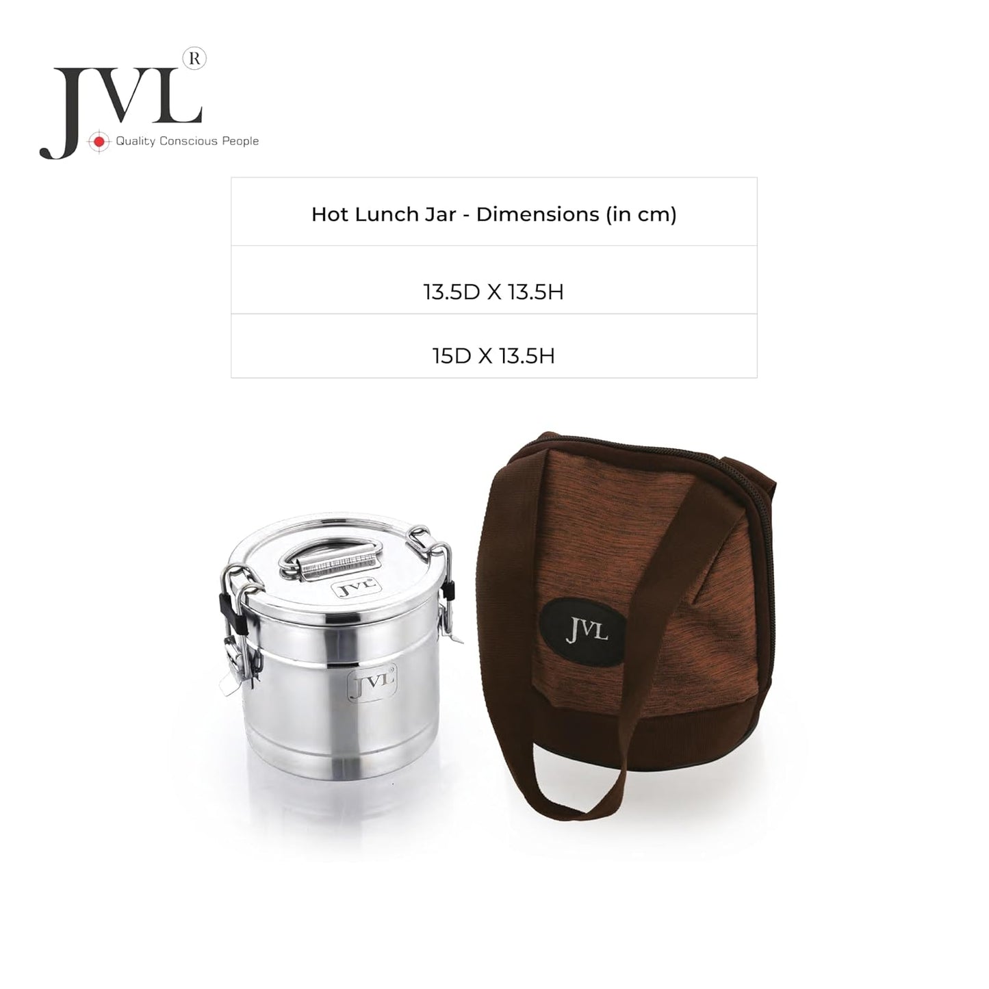 JVL Classicware Premium Stainless Steel Hot Lunch Jar with Lid & Double-Wall Insulation Leak-Proof Steel Divider, Spoon & Carry Bag Mirror-Matt Finish Ideal for Office, School & Travel (800 ML)