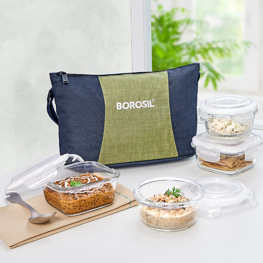 Borosil Daisy Lunchbox | 4pc (320ml x 2 Square + 240ml x 2 Round) Container Set