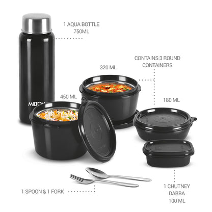 MILTON Pro Lunch Box with Steel Cutlery, 3 Microwave Safe Inner Steel Containers (180ml, 320ml, 450ml) Plastic Chutney Dabba 100ml, Bottle 750ml with Insulated Bag, Office Tiffin, Black