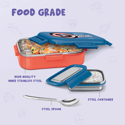 MILTON Marvel Hugo Inner Steel Tiffin Box for School with Stainless Steel Container | PU Insulated, Food Grade Lunch Box with Snap Lock Lid for Kids, 700 ml,