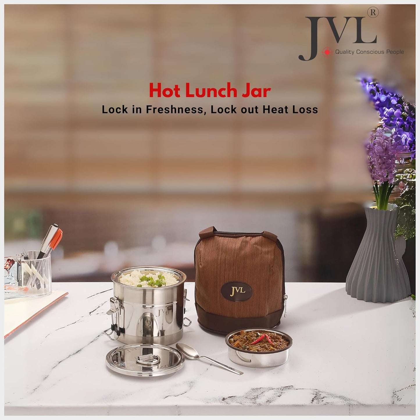 JVL Classicware Premium Stainless Steel Hot Lunch Jar with Lid & Double-Wall Insulation Leak-Proof Steel Divider, Spoon & Carry Bag Mirror-Matt Finish Ideal for Office, School & Travel (800 ML)