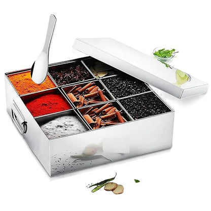 Stainless Steel Commercial Masala Dabba or Spice Box, 9 Containers, 950 ML each
