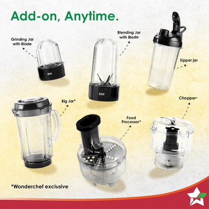 Wonderchef Nutri Blend Complete Kitchen Machine, Mixer Grinder, Blender, Chopper, Juicer, Stainless Steel Blades, 4 Jars with chopper, 500 Watts, Black, Online Recipe Book By Chef Sanjeev Kapoor