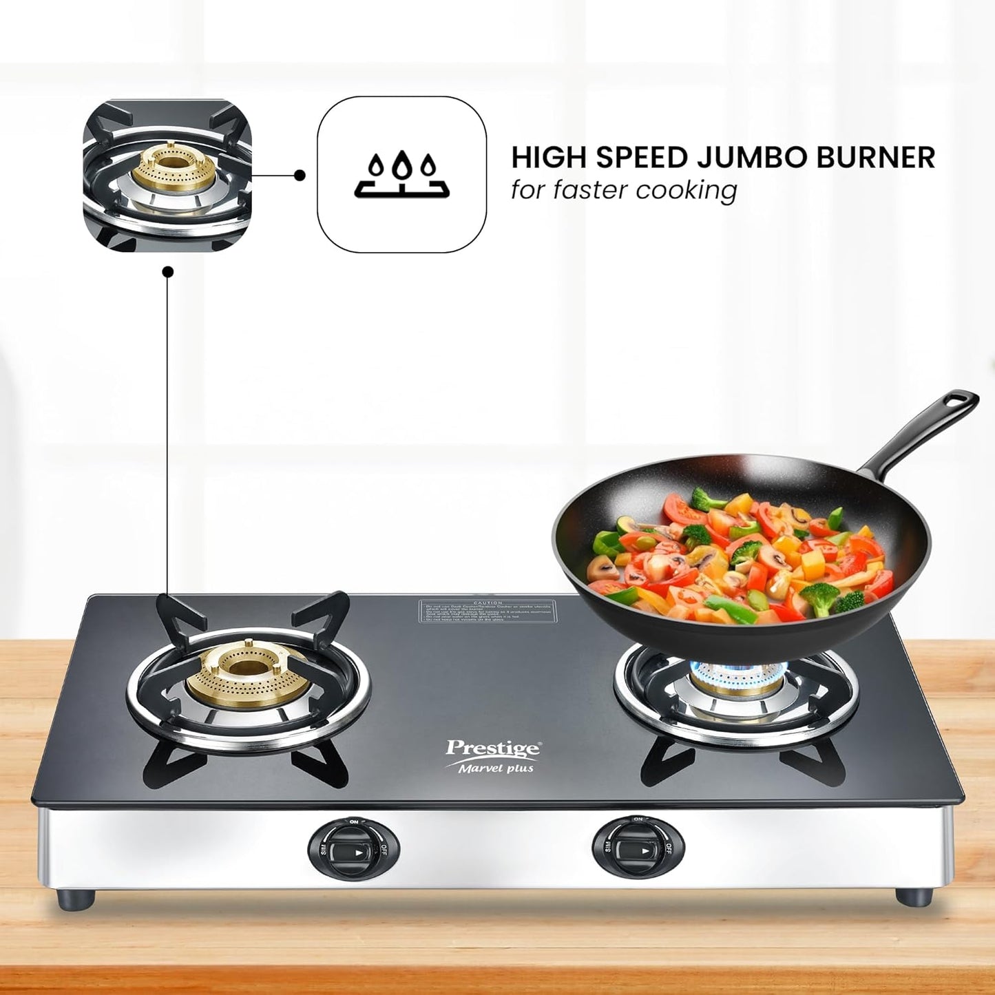 Prestige Marvel Plus Stainless Steel 2 Brass Burner Manual Glass Top Gas Stove, GTM 02 SS (Black)