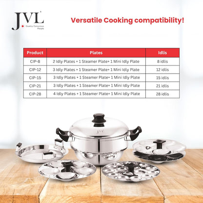 JVL 4-in-1 Classic Idly Pot with Tri-Ply Base, Idly & Mini Idly Maker, Steamer, Converts to Deep Kadai, Cool-Touch Handles, Stainless Steel, Induction Compatible (21 Idlies, 1 Mini Idly)
