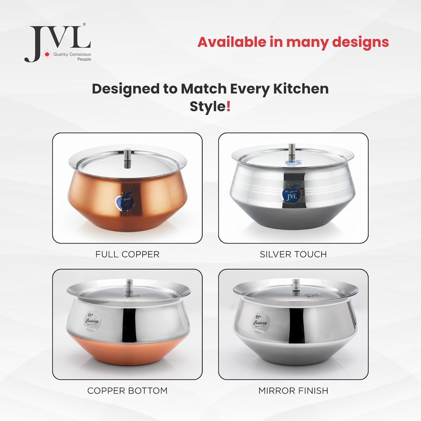 JVL Stainless Steel Spike Handi with Lid - 3 Pices, Gravy & Stock Pot, Cook & Serve Vessel, Rust Resistant - Full Copper (750ml, 1.1L & 1.6L)