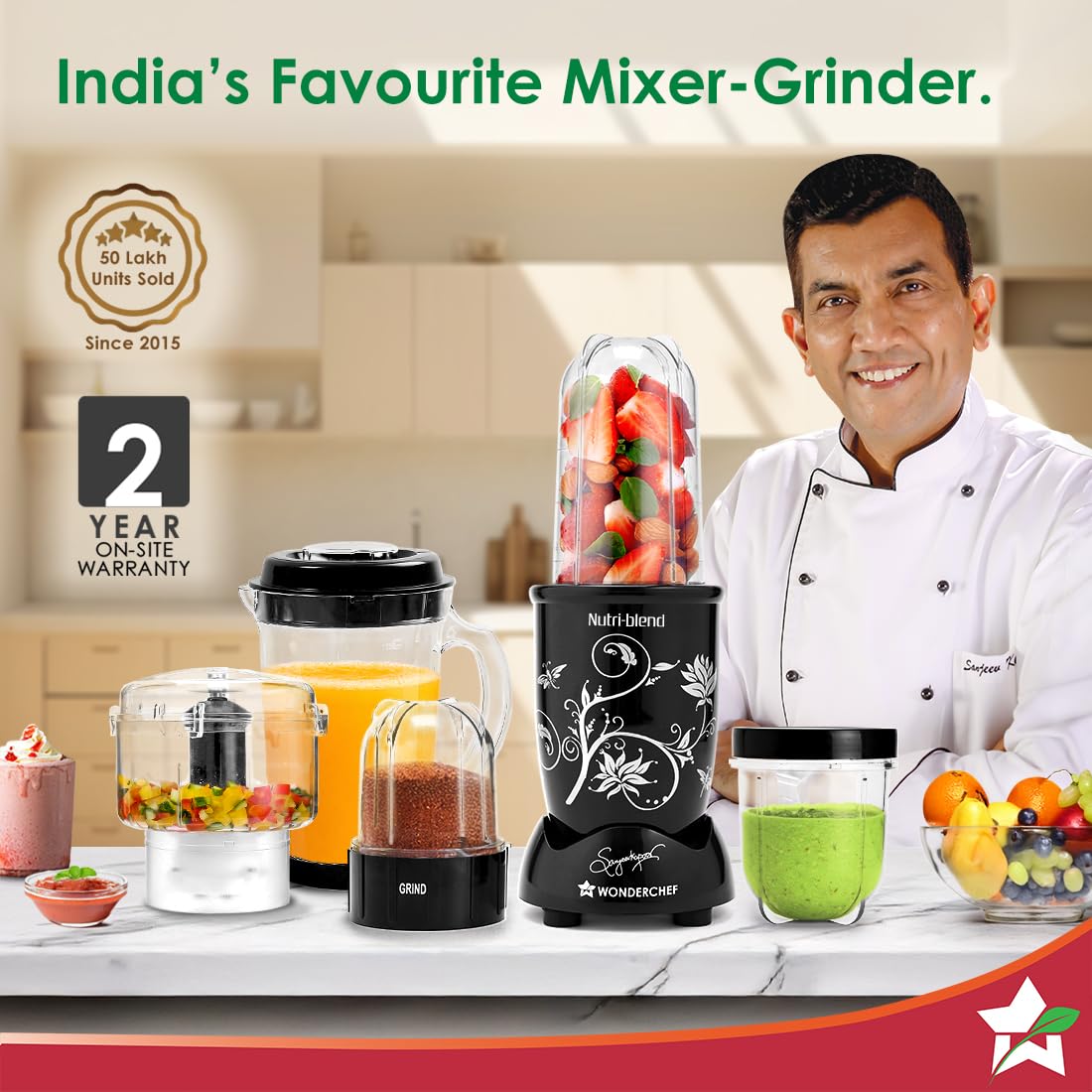 Wonderchef Nutri Blend Complete Kitchen Machine, Mixer Grinder, Blender, Chopper, Juicer, Stainless Steel Blades, 4 Jars with chopper, 500 Watts, Black, Online Recipe Book By Chef Sanjeev Kapoor