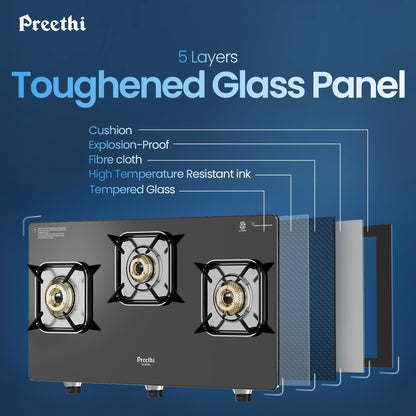 Preethi Silverin 3 Burner Glass Top Gas Stove | Easy-to-Clean with XL Spill Tray | Sparkling Clean in 2 Minutes | 5-Year Glass & Burner Warranty | Lifetime Valve Warranty | ISI Certified