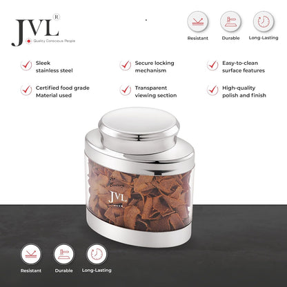JVL Classiware Oval Canister See-Through Airtight Storage Container with Stainless Steel Lid Mirror Finish Ideal for Grains, Pulses, Tea, Coffee, Snacks & More - 1PC (650 ml)