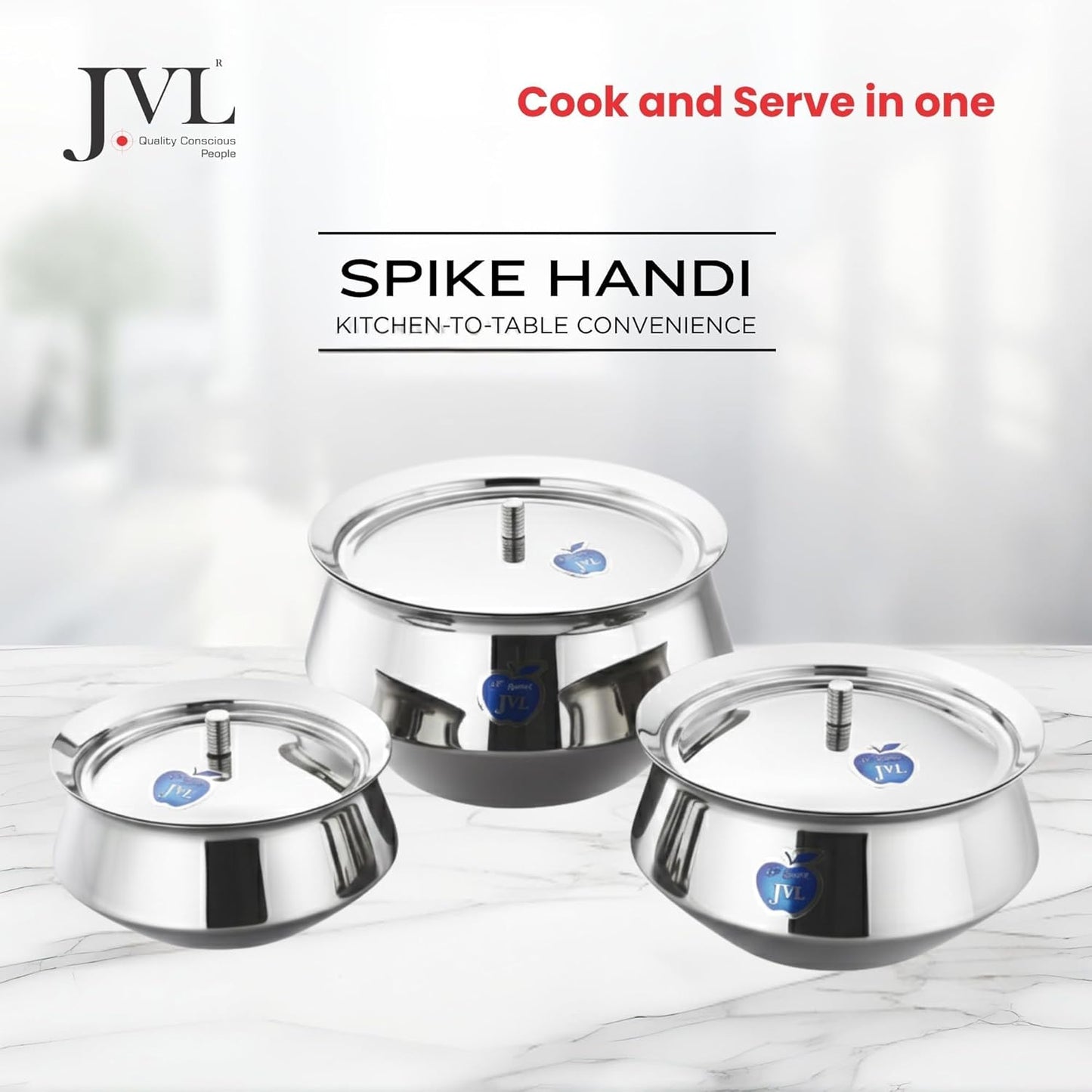 JVL Stainless Steel Spike Handi with Lid - 3 Pices, Gravy & Stock Pot, Cook & Serve Vessel, Rust Resistant - Full Copper (750ml, 1.1L & 1.6L)