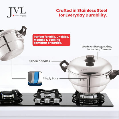 JVL 4-in-1 Classic Idly Pot with Tri-Ply Base, Idly & Mini Idly Maker, Steamer, Converts to Deep Kadai, Cool-Touch Handles, Stainless Steel, Induction Compatible (21 Idlies, 1 Mini Idly)
