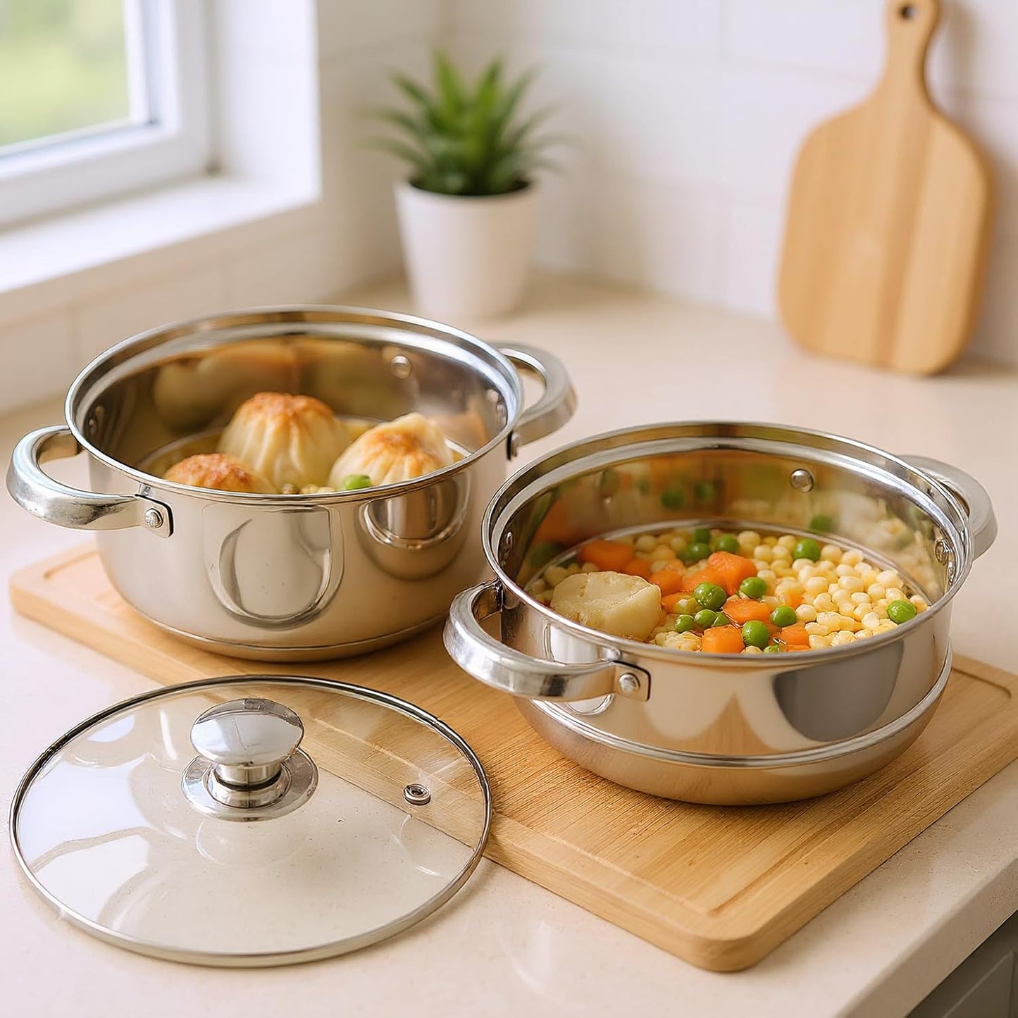 2 Tier -Stainless Steel Steamer with Glass Lid