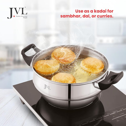 JVL 4-in-1 Classic Idly Pot with Tri-Ply Base, Idly & Mini Idly Maker, Steamer, Converts to Deep Kadai, Cool-Touch Handles, Stainless Steel, Induction Compatible (21 Idlies, 1 Mini Idly)