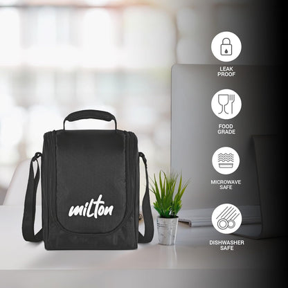 MILTON Pro Lunch Box with Steel Cutlery, 3 Microwave Safe Inner Steel Containers (180ml, 320ml, 450ml) Plastic Chutney Dabba 100ml, Bottle 750ml with Insulated Bag, Office Tiffin, Black