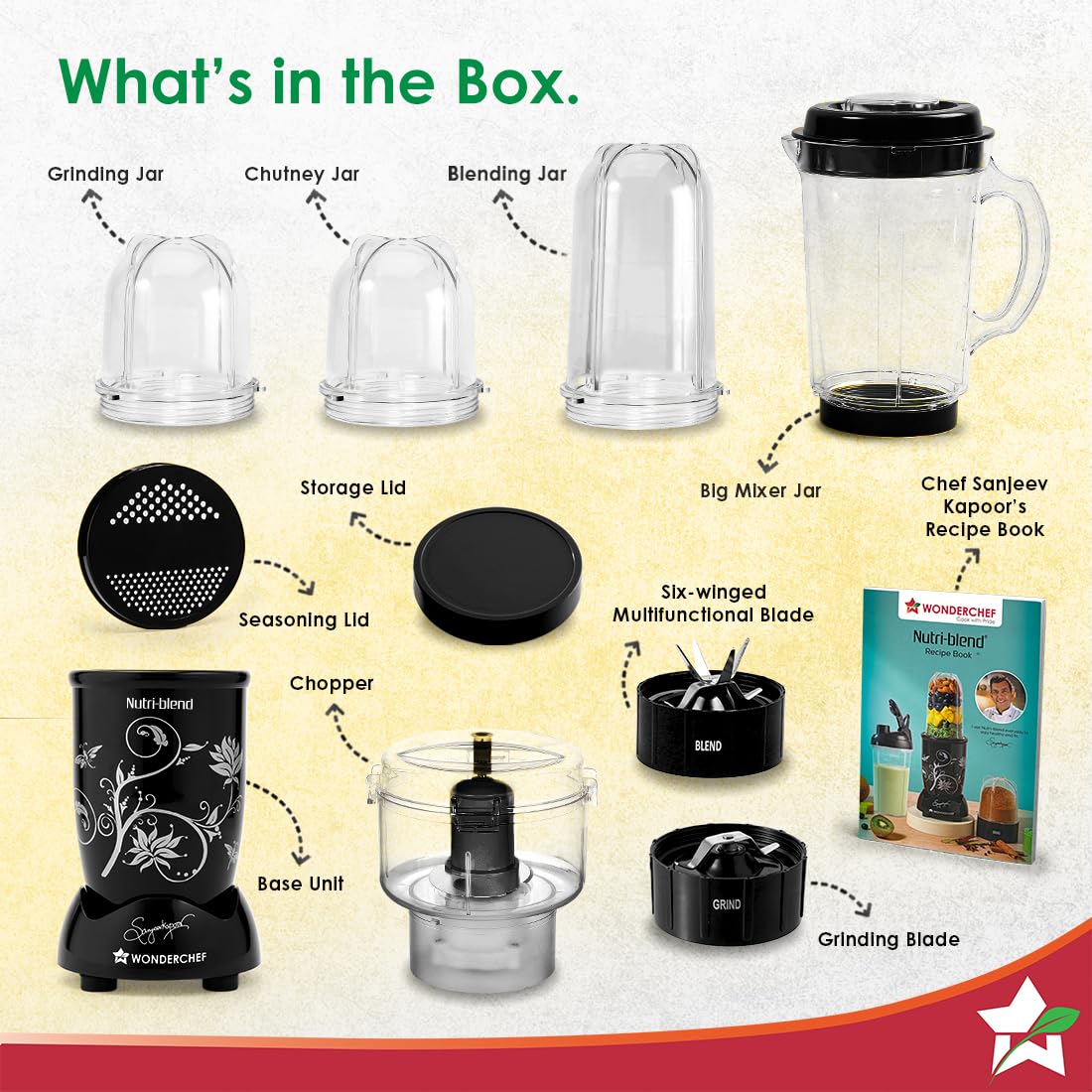 Wonderchef Nutri Blend Complete Kitchen Machine, Mixer Grinder, Blender, Chopper, Juicer, Stainless Steel Blades, 4 Jars with chopper, 500 Watts, Black, Online Recipe Book By Chef Sanjeev Kapoor