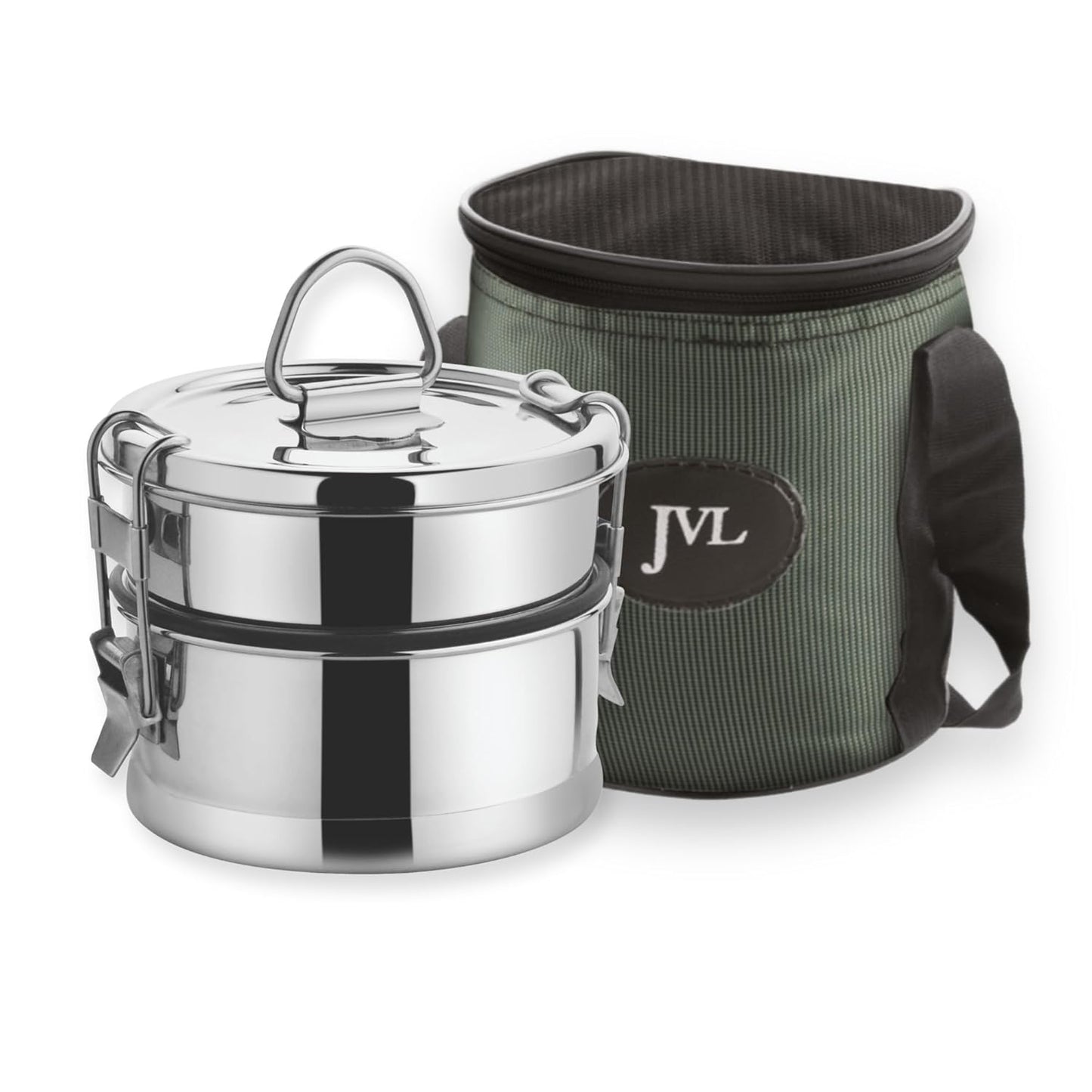 JVL Leak-Proof Stainless Steel Double Decker Lunch Box 600ml with Bag 2-Compartment Tiffin for Office & Kids Use Durable, Compact & Easy to Carry