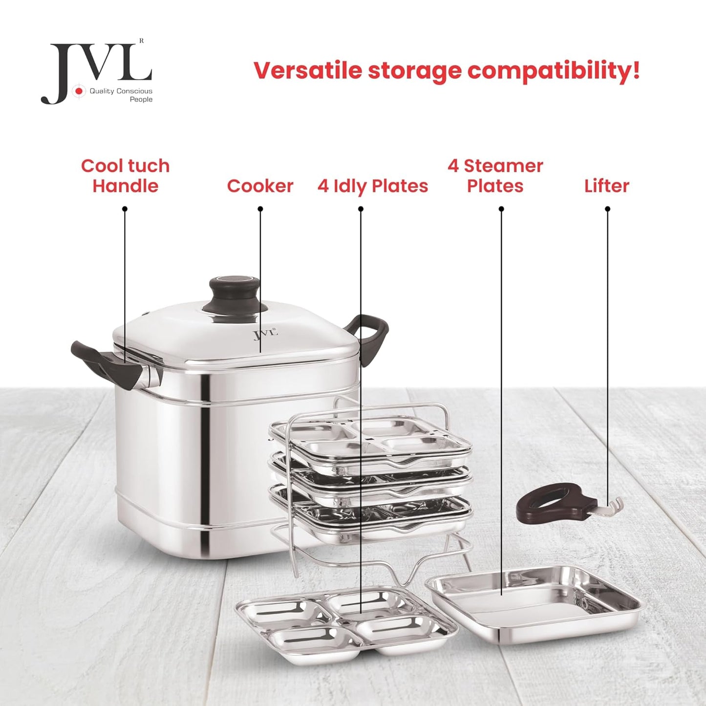 JVL Triply Base Square Shape Idly and Dhokla Maker (4 Idly & Steamer Plates)