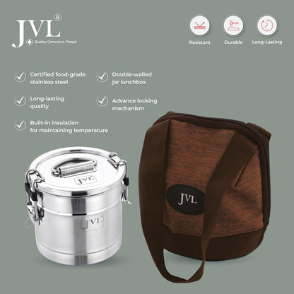 JVL Classicware Premium Stainless Steel Hot Lunch Jar with Lid & Double-Wall Insulation Leak-Proof Steel Divider, Spoon & Carry Bag Mirror-Matt Finish Ideal for Office, School & Travel (800 ML)
