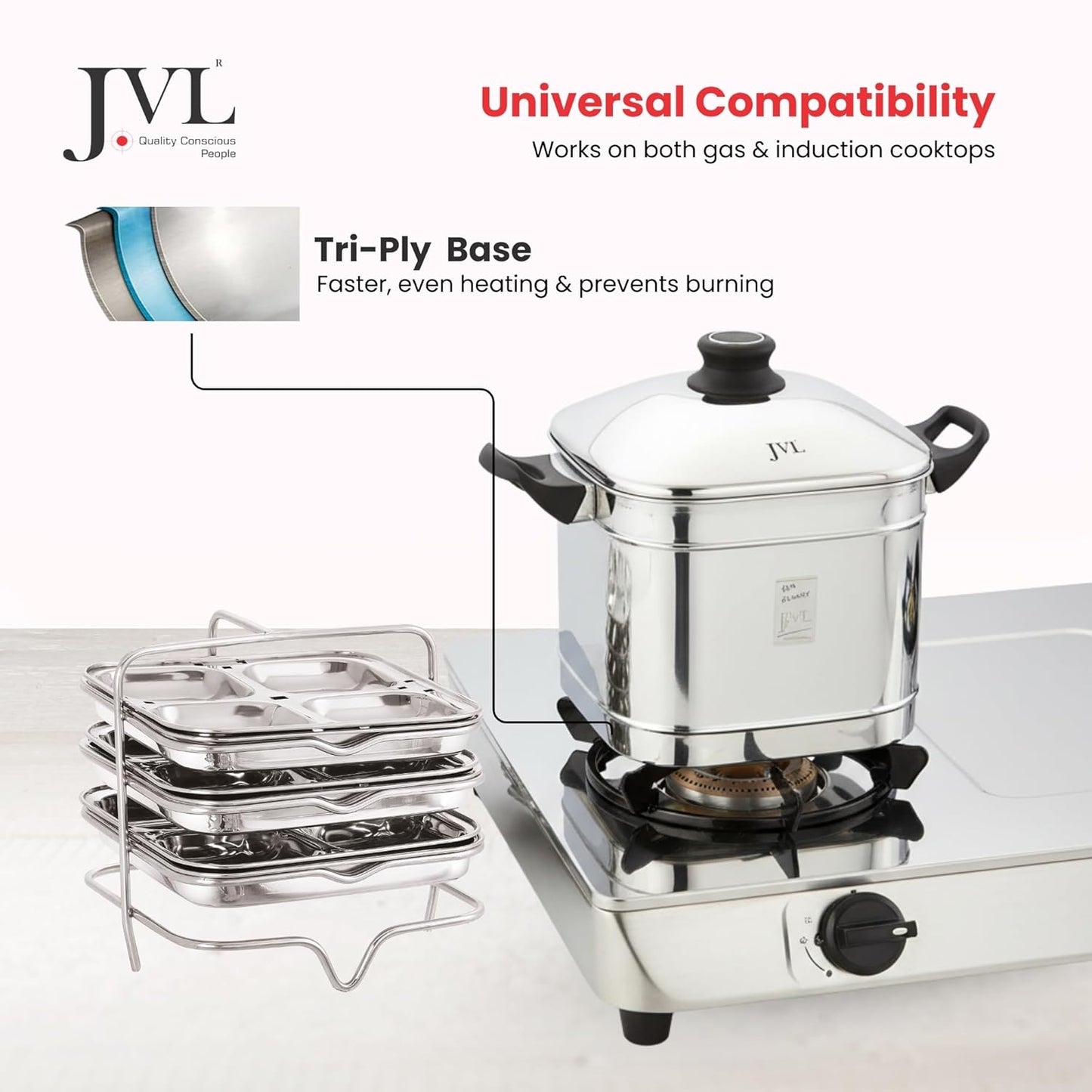 JVL Triply Base Square Shape Idly and Dhokla Maker (4 Idly & Steamer Plates)