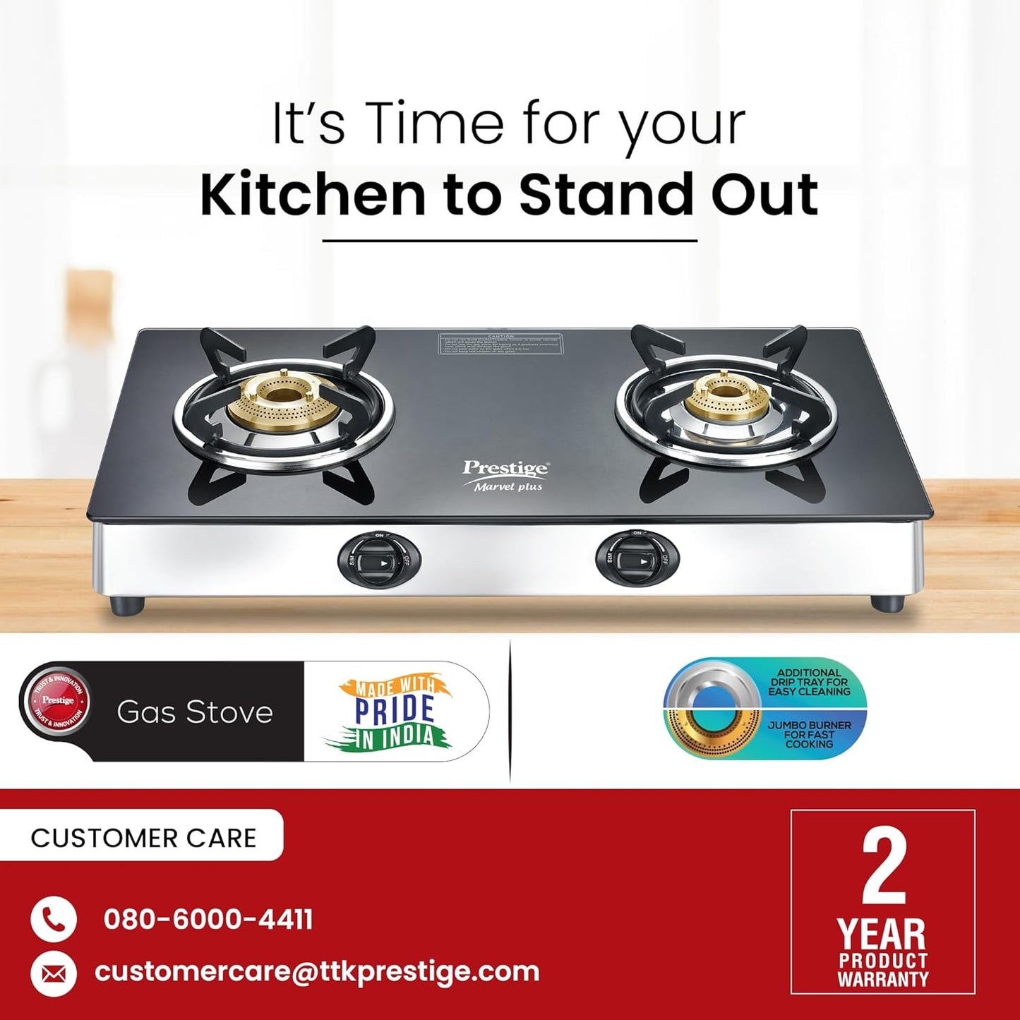Prestige Marvel Plus Stainless Steel 2 Brass Burner Manual Glass Top Gas Stove, GTM 02 SS (Black)