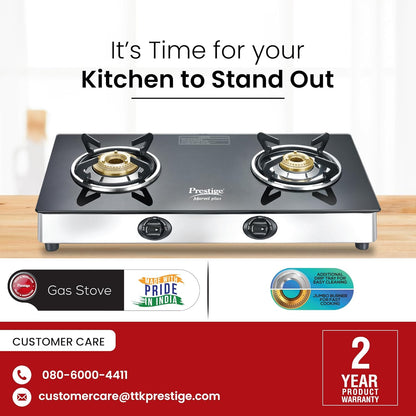 Prestige Marvel Plus Stainless Steel 2 Brass Burner Manual Glass Top Gas Stove, GTM 02 SS (Black)