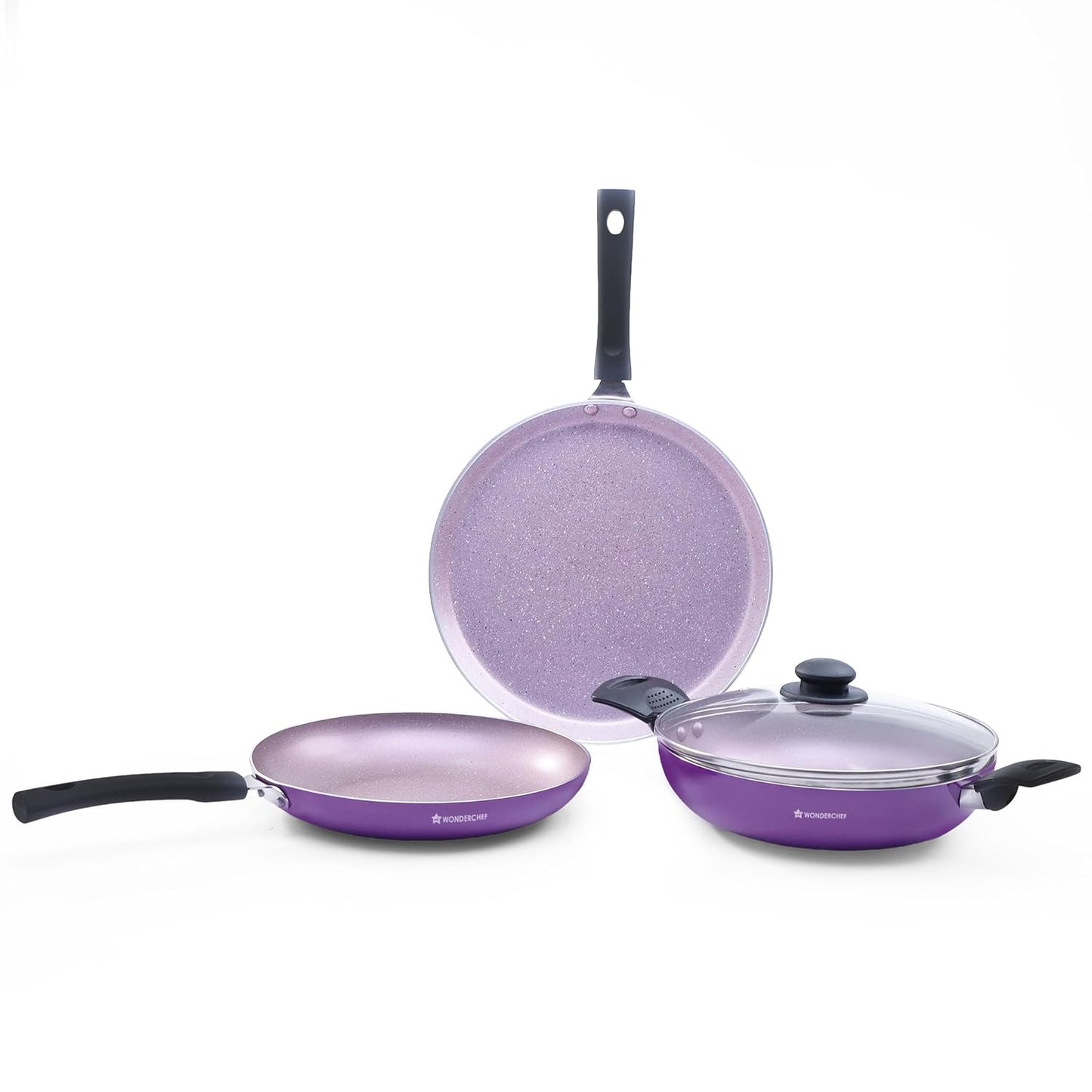 Wonderchef Valencia Non-Stick Cookware 4 Piece Set | Kadhai with Lid 24 cm, Fry Pan 24 cm, Dosa Tawa 28 cm