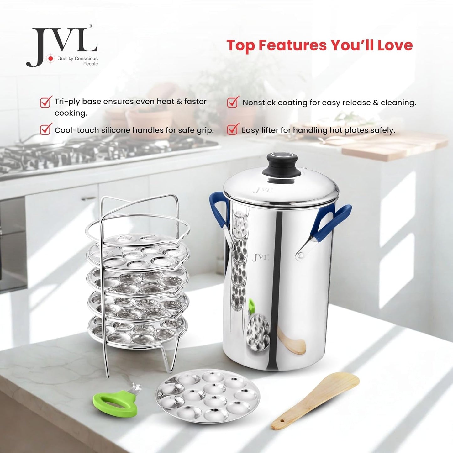 JVL Stainless Steel Triply Base Thatte Idly Maker (5 Mini Idly plates) 1 Steamer Vessel, 5 Mini Idly Plates, 1 Stand, 1 Lifter and 1 Spatula