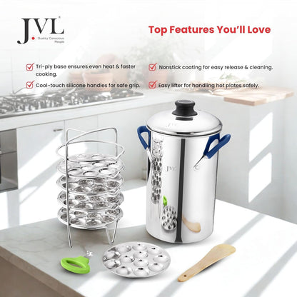 JVL Stainless Steel Triply Base Thatte Idly Maker (5 Mini Idly plates) 1 Steamer Vessel, 5 Mini Idly Plates, 1 Stand, 1 Lifter and 1 Spatula