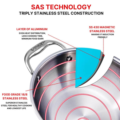 Vinod Stainless Steel Triply Kadhai (All Sizes)