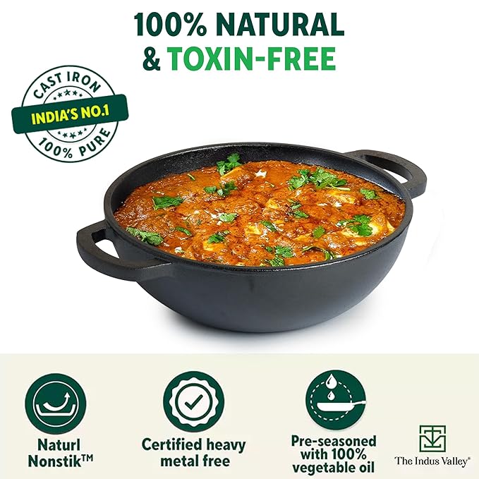The Indus Valley Pre-Seasoned Cast Iron Kadai with Flat Handles (All Sizes)