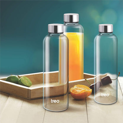 Treo By Milton Clarion Borosilicate Glass Water Bottle Set of 3, 1000 ml Each, Transparent