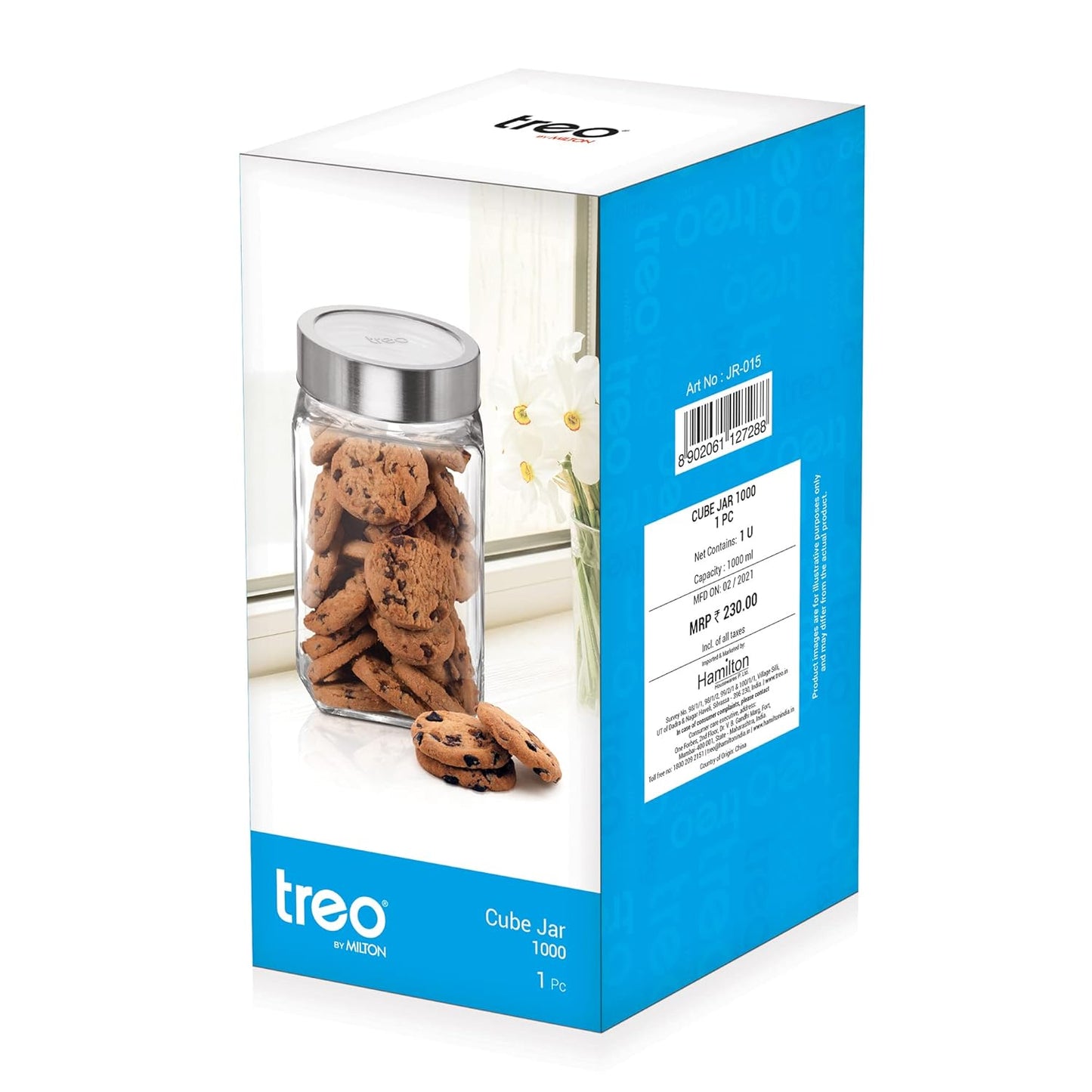 Treo By Milton Cube Storage Glass Jar, 1000 Ml Each, Set Of 6, Transparent