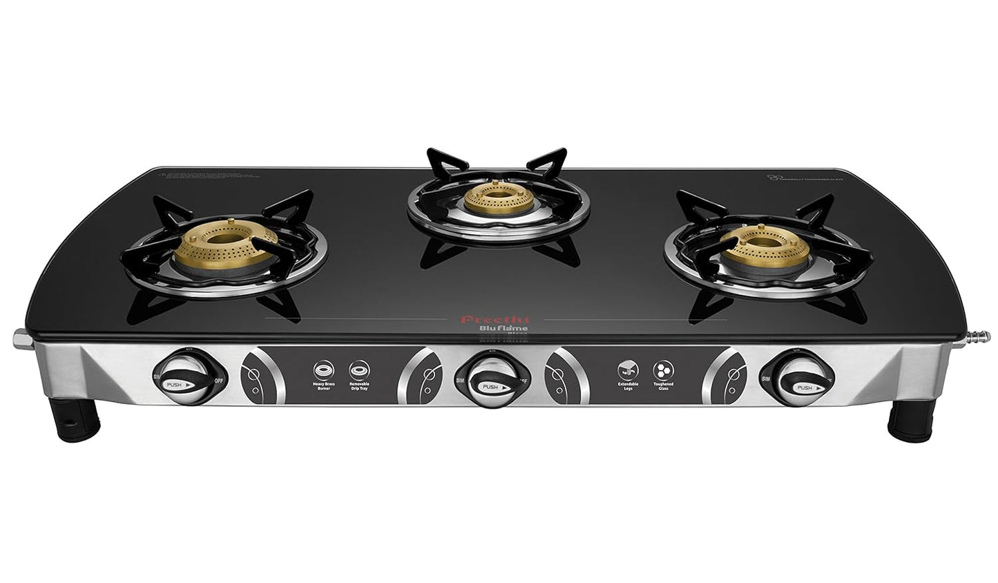 Preethi Blu Flame Blaze Glass top 3 Burner Gas Stove, Manual Ignition, Black (ISI Certified)