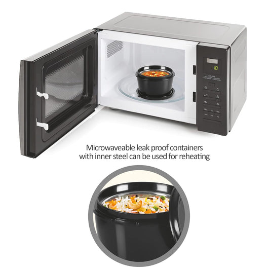MILTON Pro Lunch Box with Steel Cutlery, 3 Microwave Safe Inner Steel Containers (180ml, 320ml, 450ml) Plastic Chutney Dabba 100ml, Bottle 750ml with Insulated Bag, Office Tiffin, Black