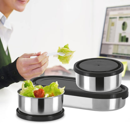 MILTON Master Lunch Box with Insulated Fabric Jacket, 3 Containers (1 Oval Stainless Steel 450 ml, 2 Stainless Steel 280 ml Each Spoon & Fork), Leak-Proof Tiffin for Office, School, College, Black