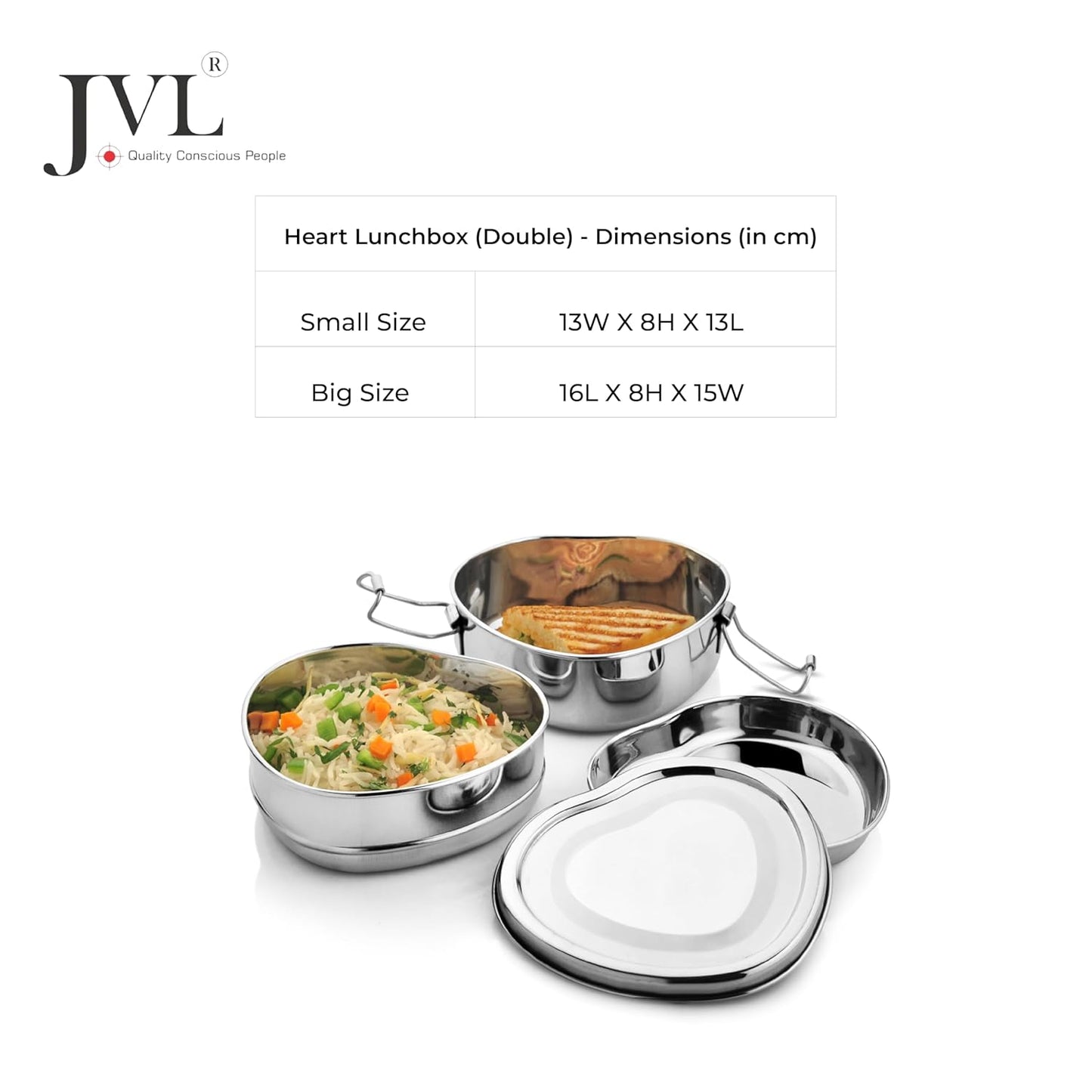 JVL Stainless Steel Lunch Box for Kids, Two Tier Tiffin Box with Inner Plate Ideal for School, Office & Travel - Heart Shape