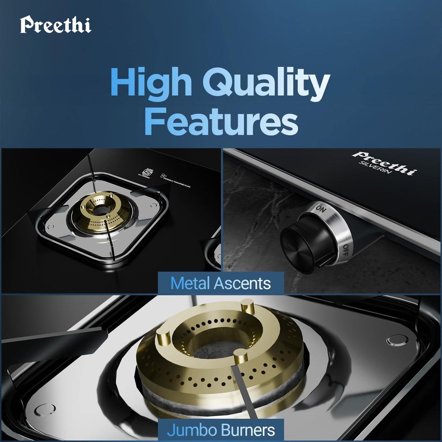 Preethi Silverin 3 Burner Glass Top Gas Stove | Easy-to-Clean with XL Spill Tray | Sparkling Clean in 2 Minutes | 5-Year Glass & Burner Warranty | Lifetime Valve Warranty | ISI Certified