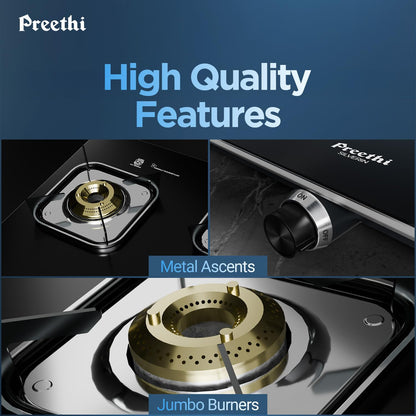 Preethi Silverin 3 Burner Glass Top Gas Stove | Easy-to-Clean with XL Spill Tray | Sparkling Clean in 2 Minutes | 5-Year Glass & Burner Warranty | Lifetime Valve Warranty | ISI Certified