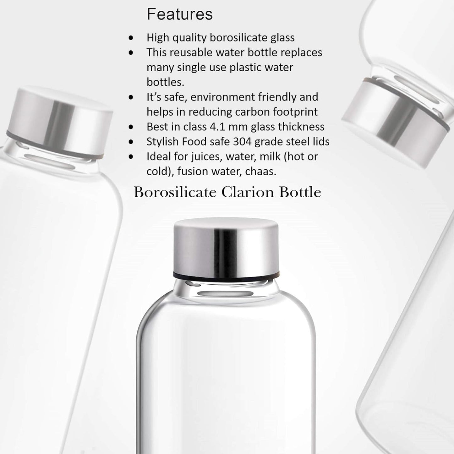 Treo By Milton Clarion Borosilicate Glass Water Bottle Set of 3, 1000 ml Each, Transparent