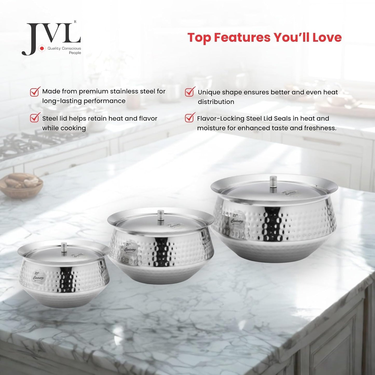 JVL Stainless Steel Spike Handi with Lid - 3 Pices, Gravy & Stock Pot, Cook & Serve Vessel, Rust Resistant - Full Copper (750ml, 1.1L & 1.6L)