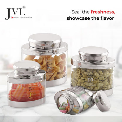 JVL Classiware Oval Canister See-Through Airtight Storage Container with Stainless Steel Lid Mirror Finish Ideal for Grains, Pulses, Tea, Coffee, Snacks & More - 1PC (650 ml)