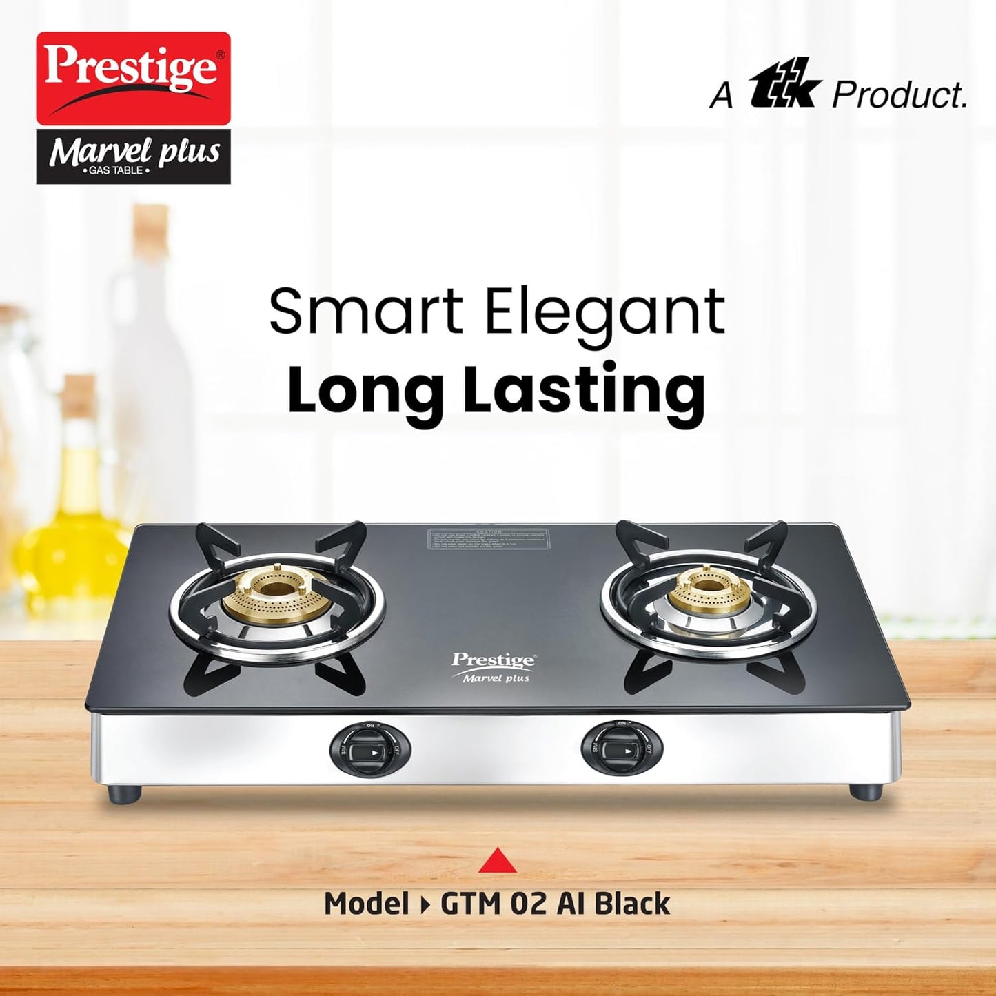 Prestige Marvel Plus Stainless Steel 2 Brass Burner Manual Glass Top Gas Stove, GTM 02 SS (Black)