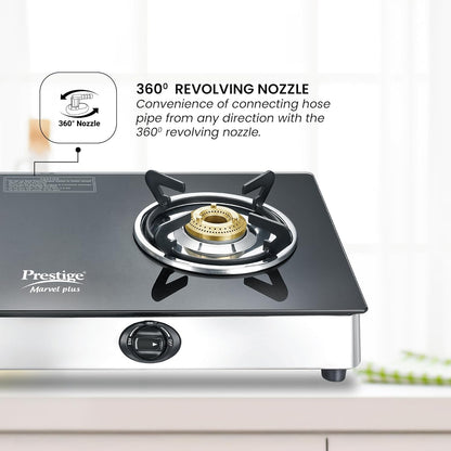 Prestige Marvel Plus Stainless Steel 2 Brass Burner Manual Glass Top Gas Stove, GTM 02 SS (Black)