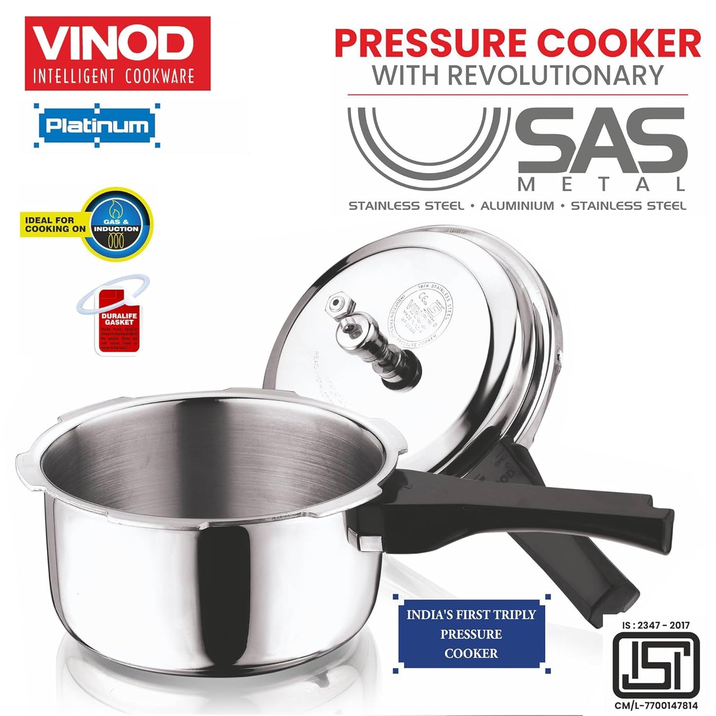 Vinod Stainless Steel Triply Pressure Cookers (All Sizes)