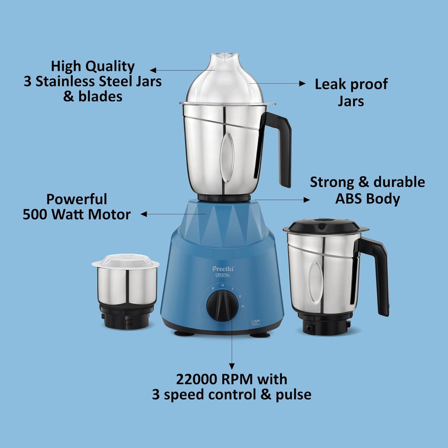 Preethi Mixer Grinder - Crystal 500 Watts