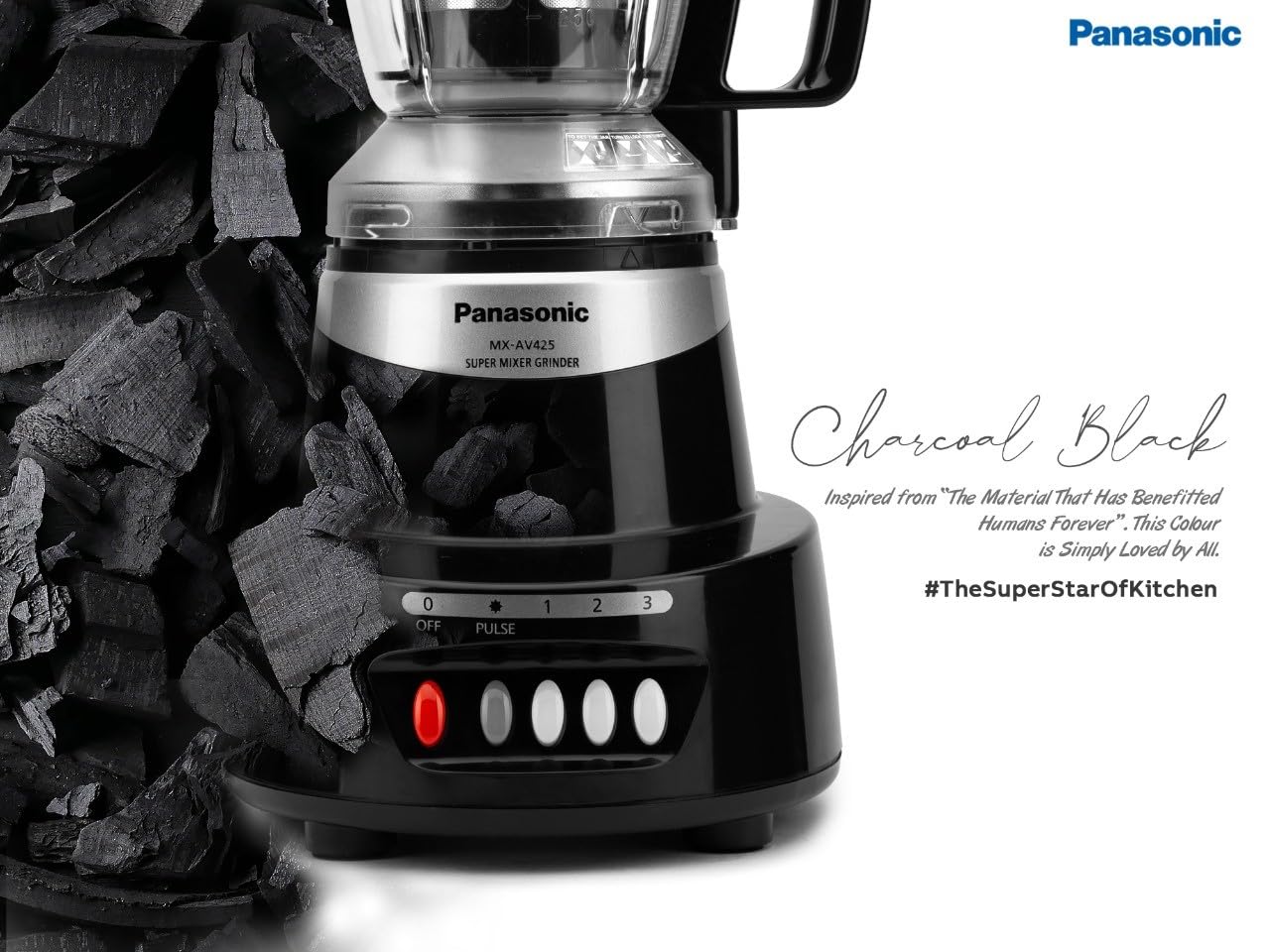 Panasonic Heavy Duty Mixer Grinder For Kitchen MX-AV425 (Charcoal Black) Elements Series Powerful 1500W(MMLW) 4 Jar(Three-304 Stainless Steel & 1Juicer Extractor Jar)|5 Years Motor Warranty