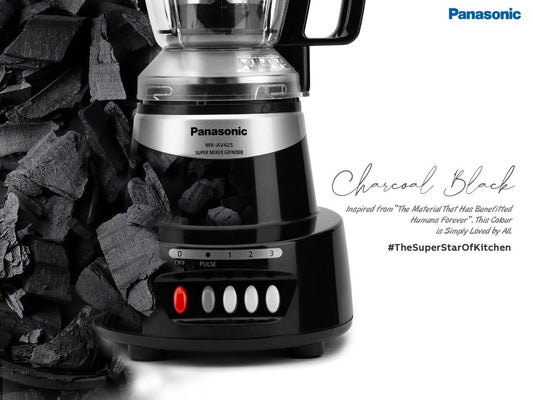 Panasonic Heavy Duty Mixer Grinder For Kitchen MX-AV425 (Charcoal Black) Elements Series Powerful 1500W(MMLW) 4 Jar(Three-304 Stainless Steel & 1Juicer Extractor Jar)|5 Years Motor Warranty