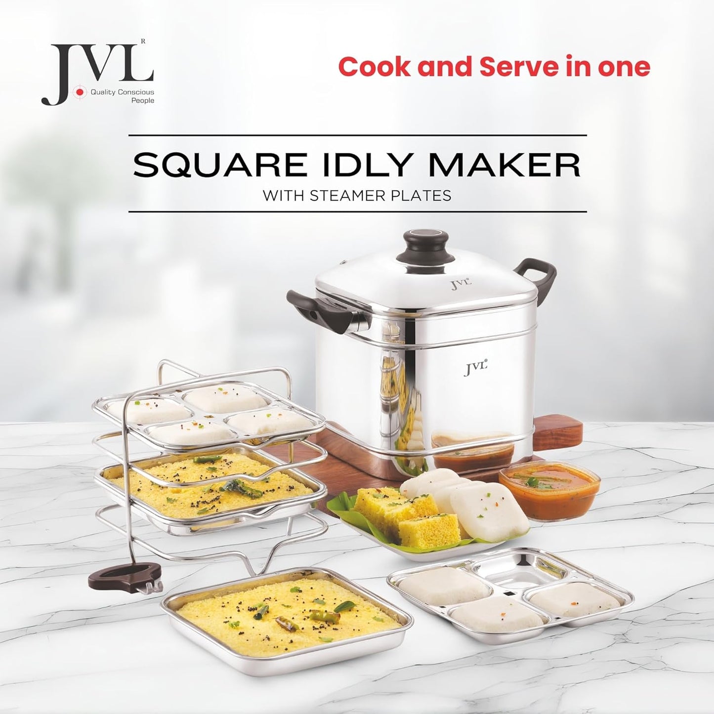 JVL Triply Base Square Shape Idly and Dhokla Maker (4 Idly & Steamer Plates)