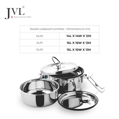 JVL Leak-Proof Stainless Steel Double Decker Lunch Box 600ml with Bag 2-Compartment Tiffin for Office & Kids Use Durable, Compact & Easy to Carry